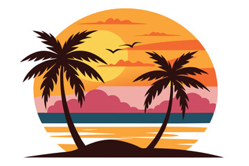 Obraz premium Silhouette of Two Palm Trees at Sunset with Birds Flying, Tropical Holiday