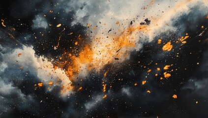 Explosive celestial event.  Fiery debris erupts from a massive cosmic explosion, against a backdrop of dark clouds