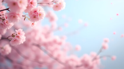 Naklejka premium Delicate Pink Cherry Blossoms on Branches Against a Soft Blue Sky, Blooming Springtime Scene, Floral Beauty, Ideal for Stop Photography with Natural Light and Dreamy Atmosphere.