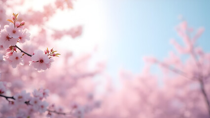 Naklejka premium Delicate Pink Cherry Blossoms on Branches Against a Soft Blue Sky, Blooming Springtime Scene, Floral Beauty, Ideal for Stop Photography with Natural Light and Dreamy Atmosphere.