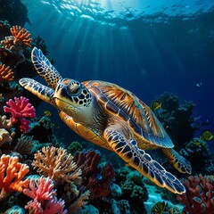 Naklejka premium A sea turtle gliding through a vibrant coral reef, peaceful and vivid.