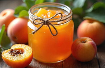 Close-up of glowing apricot jam in glass jar, preserved summer sweetness. Ripe fruit dessert with fresh apricots on wooden background. Homemade organic marmalade, healthy ingredient for breakfast.