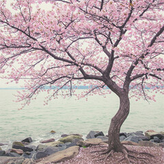 Fototapeta premium Pink cherry blossoms on a tree by a rocky shore.