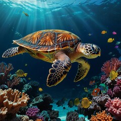 Obraz premium A sea turtle gliding through a vibrant coral reef, peaceful and vivid.