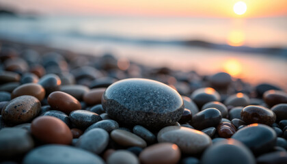 A serene beach scene at sunset with smooth, rounded stones glistening in the soft light.