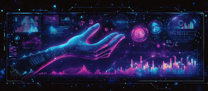 Businessman Touching Virtual AI Bot Interface with Digital Network, Binary Code, Stock Market Graph, and Social Network Connection
