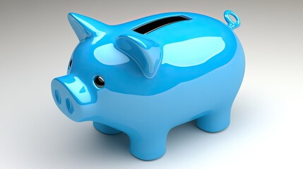 A blue piggy bank with a coin slot on top, placed on a simple white surface