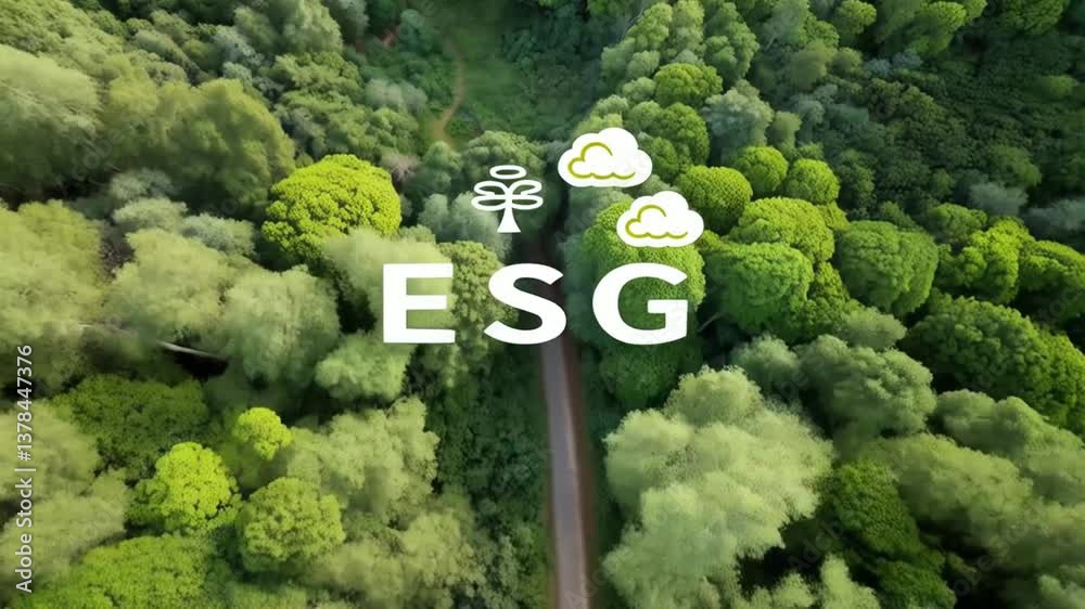 Aufkleber aerial view of dense green forest with esg text and cloud icons representing environmental factors