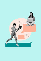 Creative collage poster of young girl use gadget speaking on blue color background