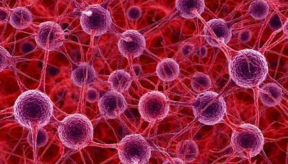 Red and purple network of intertwined fibers on a red background.