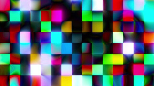 Abstract Looping Multi Color Hologram LED Neon Light Blinking Animation. 4K Subtle Elegant Squares Blocks Animation Seamless Loop. Retro Style Pixel Square Blocks Mosaic LED Lights Background VJ Loop