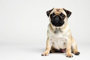 Obraz premium Adorable pug dog sits alone against a pure white background , adorable pug, closeup