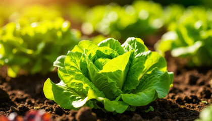 Fresh green romaine lettuce grows in the soil.