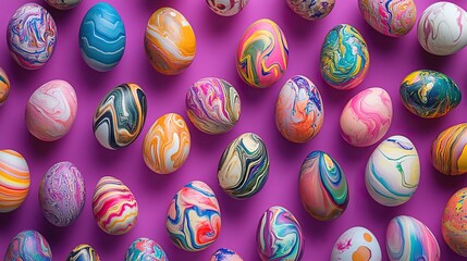 Obraz premium A collection of marble-painted eggs artistically scattered on a royal purple background