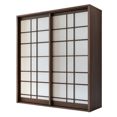 Modern Japanese wardrobe with dark walnut frame and frosted sliding doors, perfect for minimalist interiors.