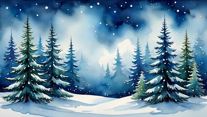 Christmas background for design watercolor illustration of winter forest with snow-covered fir trees and hills, soft blue sky with space for text.