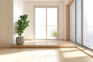 Bright modern living room interior with sunlight and plant. Minimalist design, home concept