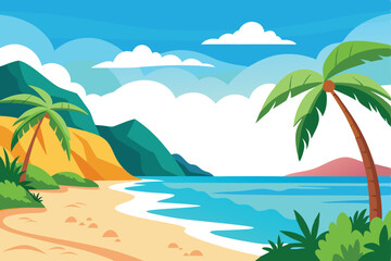 Obraz premium Tropical Island with Palm Trees, Sandy Beach and Turquoise Ocean Flat