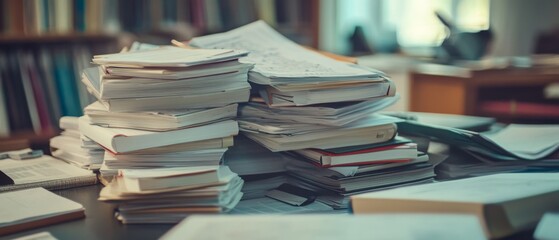 Stacks of papers create a chaotic yet productive atmosphere in an office, symbolizing the busy cycles and workload of professional life.