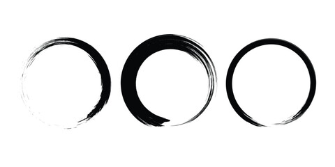 Set of black grunge paintbrush strokes. Enso Zen symbol. Circular label, logo, text frame, banner, emblem, badge. Grunge design element. Isolated. Distress texture. Ink brush strokes