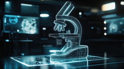 A concept shot of a glowing wireframe microscope model, floating in a black futuristic setting
