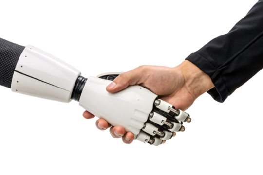 Human and Robot Handshake on White Background: Future Technology and Collaboration Concept.