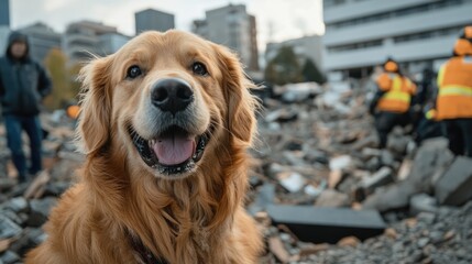 golden retriever rescue dog amidst ruined buldings, searching for survivors under collapsed buildings after earthquake disaster.