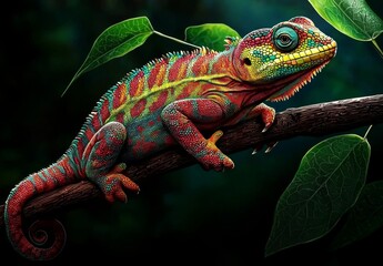 Obraz premium Lively chameleon showcasing its hues against a soft-focus backdrop.