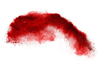 Red color powder explosion isolated on white background. Colored cloud. Colorful dust explode. Paint Holi