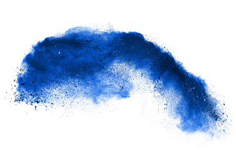 blue color powder explosion isolated on white background. Colored cloud. Colorful dust explode. Paint Holi	