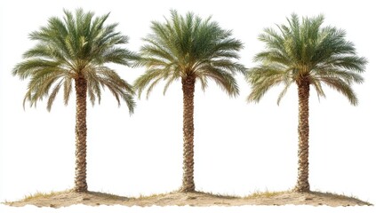 Three date palms against a white background, planted in a sandy area
