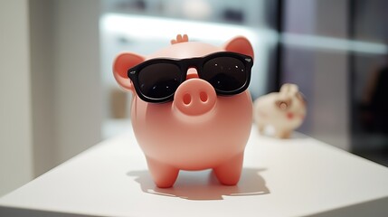 A cute pink piggy bank wearing black sunglasses, standing on a white surface
