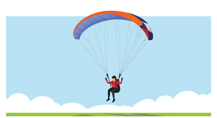 Paraglider in action with colorful canopy in flat vector art
