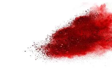 Red color powder explosion isolated on white background. Colored cloud. Colorful dust explode. Paint Holi