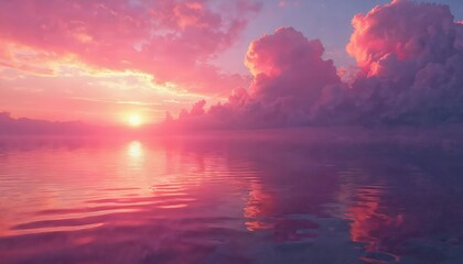 Vibrant pink, purple sunset reflecting on calm water, creating serene picturesque scene. Sky clouds, horizon. Nature beauty, tranquility. Evening twilight, dusk, beach, ocean landscape. Romantic