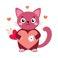 Cartoon Cat Holding a Heart With a Flower on White Background
