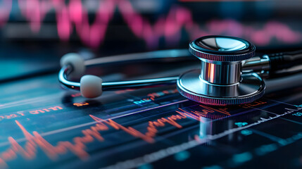 Stethoscope on table with stock price chart in background for healthcare medical wellness sector