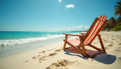 A red and white striped beach chair sits on a sandy beach with turquoise waters and palm trees in the background.