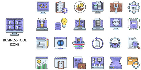 Business Tools simple concept 24 hand drawn color icons set. Contains such business, strategy, growth, people, technology, award .Vector illustration.
