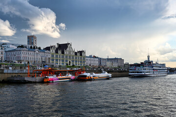 Fototapeta premium Volga river port with cruise boats and motor ships in Nizhny Novgorod