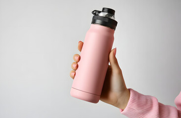 Woman holds pink thermo tumbler bottle in hand isolated on white background. Reusable water flask for travel, sport, fitness, outdoor, everyday use. Keeps drinks cold or hot for many hours. © Audrey