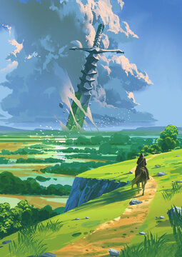 Fototapeta A rider on horseback journeys through a lush valley toward an enormous sword embedded in the distant earth under a dramatic sky, digital art style, illustration painting