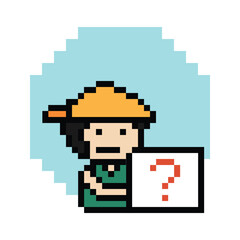 Fototapeta premium Cute pixel cartoon character man with question mark decoration 8 bit male boy confused idea question mark quiz questionnaire choose cartoon pixel game 8bit png vector.