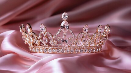 A diamond-studded crown reflecting brilliant light, resting on a silk pink cloth