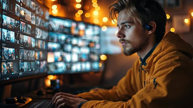 Focused creative professional editing multiple images on multiple monitors