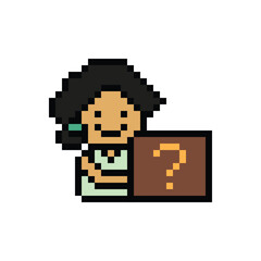 Cute pixel cartoon character woman with question mark decoration 8 bit female girl lady confused idea question mark think questionnaire choose cartoon pixel game 8bit png vector.