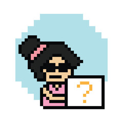 Obraz premium Cute pixel cartoon character woman with question mark decoration 8 bit female girl lady confused idea question mark think questionnaire choose cartoon pixel game 8bit png vector.