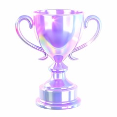 3D holographic trophy with iridescent pink, purple, and blue reflections. Shiny award cup with elegant handles on a square base. Victory and achievement concept. 3D illustration.