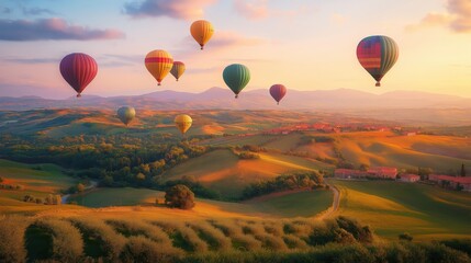 Obraz premium Hot Air Balloons in a Picturesque Landscape: A Scenic Sunset Adventure in Colorful Countryside Skies