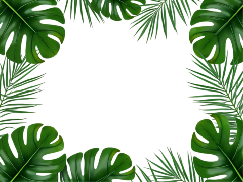 A decorative tropical frame made of lush green Monstera leaves, elegantly arranged around the edges, with a blank space in the center for text or design. High detail, realistic lighting, fresh and vib